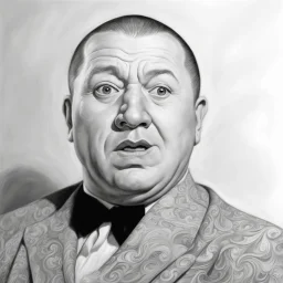 a captivating portrait illustration of Curly Howard, his frustrated countenance dominating the canvas, wild eyes piercing through enveloping darkness, palpable textures, detailed line work, opulent shadows, hyperrealistic