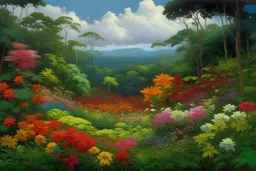 A plain filled with flowers near a jungle and a forest painted by Frank Wilson