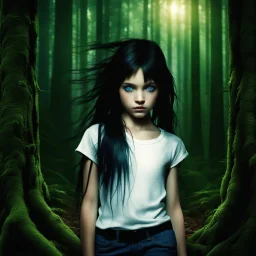 thin 12 year old girl with dark tangled hair and blue eyes wearing a ripped and dirty white teeshirt, in a forest , photorealistic, dark fantasy