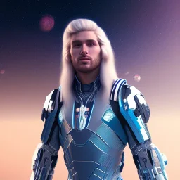 Full body ,Beautiful cosmic man, blue eyes, long blond hair, cosmic suit, galactic backdrop, soft lighting, hyper realistic, unreal engine 5, 16k