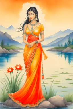 water colour full length painting of a stunningly beautiful, slim indian woman, in a flowing orange summer dress, with one hand holding a white lotus flower, and the other hand holding the hem of her dress, with a river and mountains in the background