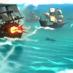 two pirate ships fighting each other at sea. They fire cannons at each other and one ship is hit and burns.