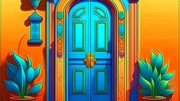 Fantasy cartoon illustration: a beautiful blue and brown door on a colorful house