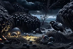 dark fantasy land with mystic, fog, deep cloros, burning landscape with mist, dark fantasy plants, silver and onix crystal eggs lying in sand, pale lights, rocks, weird surreal big dark rabbit-bird mutants, dark fantasy mood, sureal, high quality, high contrast, cinematic, atmospheric, weird mood