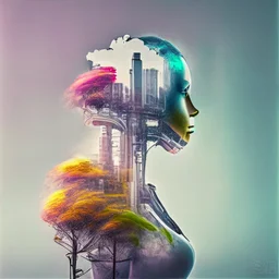 smoke, smog, city scape with pollution, double exposure photography, colourful nature, clean sharp focus, on white background