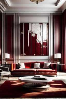 luxurious interior design with a sofa and armchair, large living room with sunlight, white wall panels, dark red wall covering and artwork sculpture