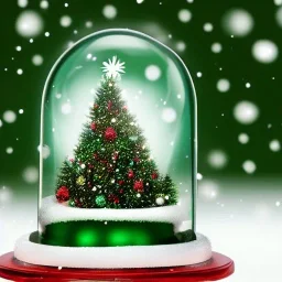 beautiful christmas snow globe inside a room with green walls and christmas wallpaper with snow fall in the window and in the snow globe, bright light shining through the snow globe with christmas elements inside