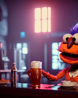 Pub, hibryd character, waitress woman with monster muppet mask that covers her entire head, retro style, Sesame Street style, smooth, unreal engine 5, god lights, ray tracing, RTX, lumen lighting, ultra detail, volumetric lighting, 3d.