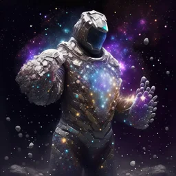 A battle suit made of galaxies and stars with a glove that has seven endless stones