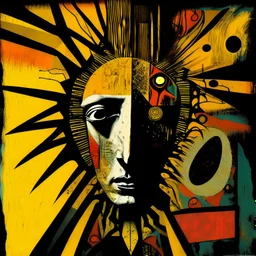 Strychnine totem, abstract surrealism, by Ray Johnson and Dave McKean, silkscreened mind-bending illustration; warm colors, off-centered fragmented composition, multiple stages of grief, dark shines war,