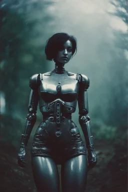 steampunk, vintage analog polaroid of a woman robot, female body, fog, lomography, heavy film grain, night, color bleed, depth of field, bokeh, retro