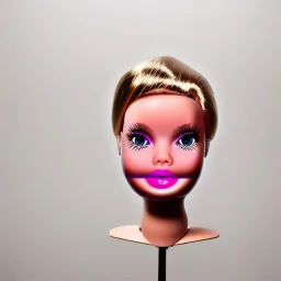 Foto realista. Una Cabeza de muñeca barbie decapitada sin cuerpo. Foto de estudio. Pared de fondo. Colores vibrantes. Gran angular.