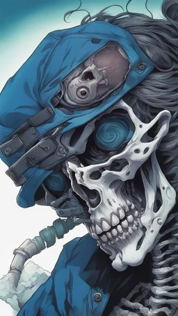 a close up of a person with a skull on their head, blue and black colors, anime skull portrait man, scary detailed art in color, hiroyuki-mitsume takahashi, nychos art aesthetic, half man half skeleton, anime cyberpunk art, colored manga art, rossdraws pastel vibrant, cold colors. insanely detailed, beautiful anime portrait, stunning anime face portrait, scary art in color