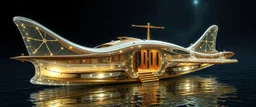 benign transparent superwood alien mega scifi katamaran boat with superwood draw bridge and wing doors