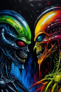 Multicoloured abstract Alien queen and predator face off oil painting