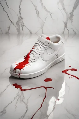 a one white air force 1 resting on the side dirty with red lipstick that drips on a white and grey marble floor , hyper realistic, 14K, Canon 24mm, wide lens