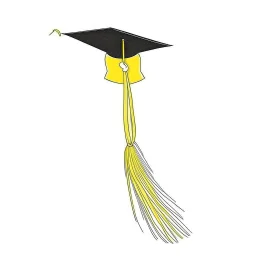 line drawing of a graduation hat with a tassel. the tassel is yellow. White background.