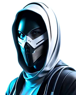 futuristic cyberpunk masked assassin face, dark colors, half cyborg, arabic style, full body, white background, hyper realistic, unreal engine, high quality