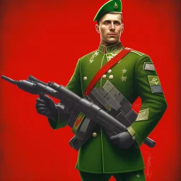 War propaganda of a patriotic soldier wearing green w red lights