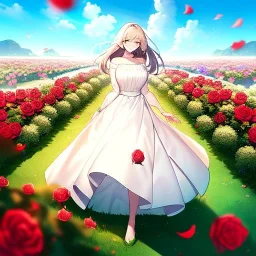 beautiful anime girl wearing a yellow and white dress ,standing in a meadow of flowers, spreading rose pedals on the ground. beautiful eyes and a stunning smile