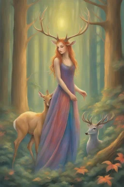 "Fiona, the faerie of twilight's grace, Deery, the deer with the opalescent embrace, In this forest of colors wild and bright, We dance and we sing with all our might." Their song echoed through the trees, carried on the wings of the wind and woven into the very fabric of the forest itself. With each verse, their movements became more intricate, more fluid, as if the music guided their steps. "Among the mushrooms that glow like the stars, We dance hand in hoof, no matter the scars, For in this