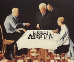 Complex Surgical Instruments through Putin, President Xi Of China And Joe Biden Play Chess with a Newborn Boy,Minimalism,Painting By Lucian Adrian Ghenie,Freud,Rene Magritte,Salvador Dali,Pablo Picasso,Michelangelo