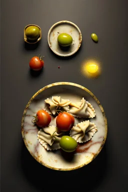 Ravioli dish by renaissance style still life oil painting with natural tomato, albahaca, olives, olive oil. moisture, art, natural, ornaments, marble, gold, high kitchen, smooth, gradient color background, unreal engine 5, ray tracing, RTX, lumen lighting, ultra detail, volumetric lighting, 3d.