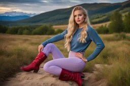 country side ,blue sky , mountains, pretty clouds ,small river with clear water and nice sands in floor,beautiful 18 year old girl with ash blonde hair and blue eyes with her curvy hair down, wearing a long-sleeved woollen top, and lilac long leggings, with long red boots full body standing pose shot