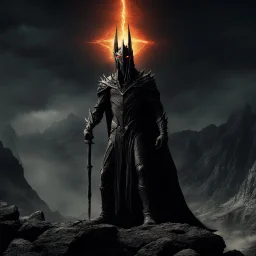 Sauron the mighty lord of darkness standing on a rock in the dark land of Mordor,A superhero MAN with infinite power and technology from the galactic race,with great army