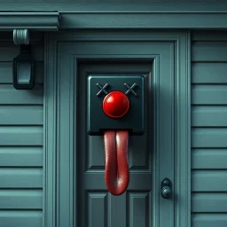 doorbell with a red buzzer button on a suburban house front door that has X's for eyes and a tongue hanging out sideways, concept art, digital art, hyperrealistic,