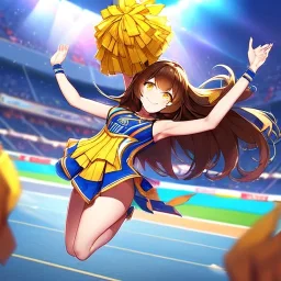 Clear focus,High resolution, one girls, wearing a cheerleader outfit, smiling, jumping, hair flowing, brown long hair, yellow eyes