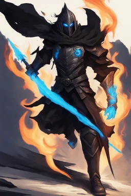 A commander with a matte black combat helmet and eyes with bright blue flaming pupils, a black cape and a long coat with long combat boots and a long, sharp and fiery spear and with his helmet under his cape and two blue flames instead of eyes