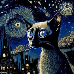 Starry night and Siamese cat, digital painting, fantasy, illustration, hyperdetailed, high definition, crisp quality, horror, dark, surreal, Weird, Tim Burton, creepy, Graphic novel, maximalist, Dr. Seuss, haunting, bizarre, frightening, Terry Gilliam, vintage, illustration