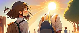 School student, school uniform, Omani, smiling slightly, from behind, school, students, morning, sun,cartoon,The girl looks forward