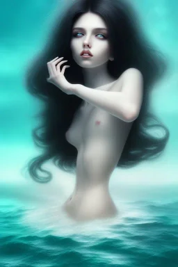 black hair muse with white top in the ocean