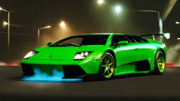 green lamborhini murcielago drifting in the smoke --chaos 80 --ar 16:9 --style raw --stylize 700