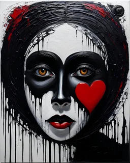 Black heart and face and blood and oil paints by Hans Richter; romantic-impressionism expressionist style oil painting,-impressionist impasto acrylic painting, thick layers of black textured paint,ultra reality,bright colors,8k,thick white paint,silver and white,Free will is a black herring; Klimt; Hundertwasser; controversial; stupendous; transcendent,
