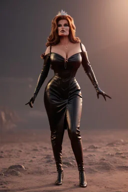 Raquel Welch as evil queen in black leather gown, angry, busty, curvey, cleavage, unreal 5, octane render,cinema4d, dynamic lighting, dramatic lighting, 4k, redshift render, highly detailed, hyper realistic