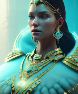 A portrait of a crystalised queen, atmospheric, realistic, unreal engine, cinematic lighting, octane render, transoarent, gold turquoise light