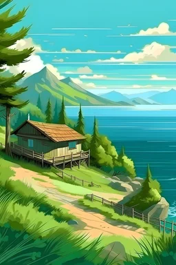 Paisaje real de un día soleado, en zona montañosa, con árboles, pasto, frente al mar, en un cabaña