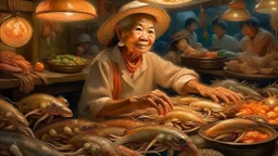 Realistic oil painting of an elderly Asian female fishmonger wearing a straw hat, surrounded by an assortment of fish and seafood, such as snapper, crab, and squid, with exceptional attention to the intricate details of their scales, shells, and tentacles, all illuminated by the warm, golden glow of hanging light fixtures, creating a vibrant and captivating tableau.