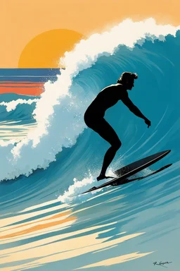 [surf illustration by rené gruau] À l’aube, je me lève, Vers La Piste, la planche sous le bras, Sur la vague, je me lève aussi, Une, deux, trois fois, je vole.