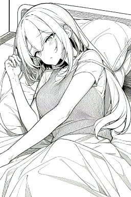 girl on a hospital bed, line arts, greyscale,