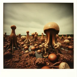 Photography polaroid close-up of a random landscape with odd Yves Tanguy incomprehensible forms, surrealism, glossy, organic, creepy, strong texture, fiotti di liquido nero, horror, panic, obsessive, hypnotic