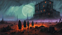 Eclipsed Dread, Macabre Enigmas, a Strange surreal world, techno western gothic, post apocalyptic art, neo cyberpunk renaissance, Science fiction painting, Denis Sarazhin Simon Stålenhag, Nicolas Bruno, sinister vibes, harsh survivalism, Peter Sallesen, Hamish Frater, ominous sky