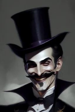 Strahd von Zarovich with a handlebar mustache wearing a top hat with a smile, closed eyes and question marks