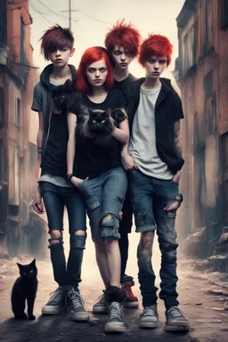 Act like a book cover designer. Three teenagers (13-15 years old) with a grimy black cat. Two boys- redhead, chubby, low, skinny, high, neutral emotion. The girl with black hair, strong make up, punk style clothes. Second plan: a group of computer-addicted teenagers like zombies. Enviroment: old town.