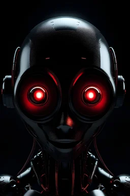 An android with red eyes in darkness