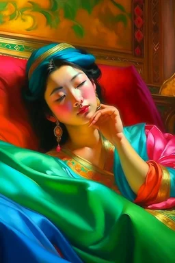 oriental woman lying on a pillow painting neoclassism bright colors zoom out realistic