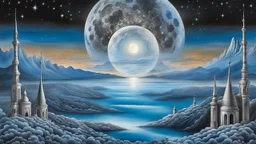 just one giant shiny Moon on the sky, stars and circled silver glitters on the sky, etheral, mystic art, blue, silver, black colors, ethereal fantasy hyperdetailed mist style by dali, bosch, kandinsky